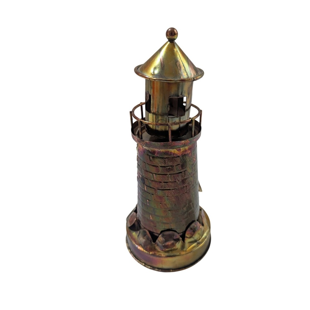 Vintage Metal Lighthouse Music Box Iridescent Copper Brass Nautical Decor 8.5"